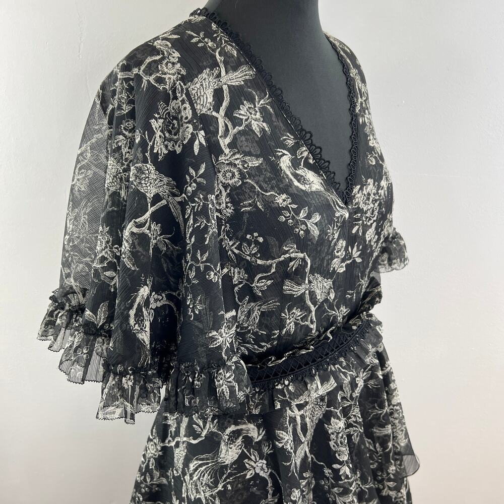 Sachin & Babi Black White Print V-Neck Short Sleeve Tiered Skirt Dress Size 10 - Picture 5 of 9